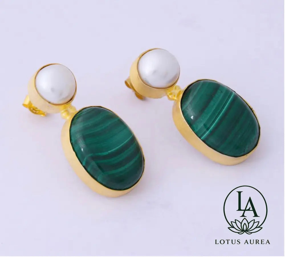 Handmade Pearl & Malachite Dangle Earrings - Earrings