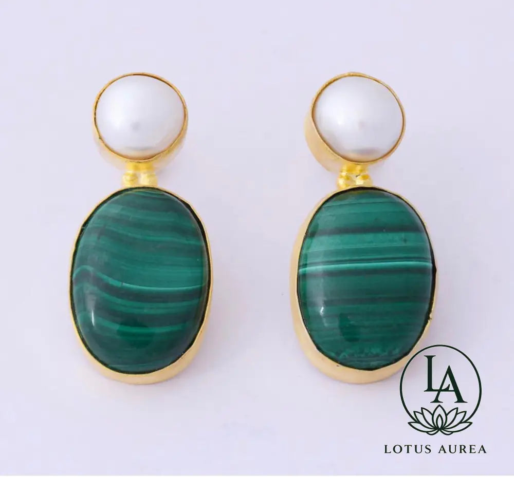 Handmade Pearl & Malachite Dangle Earrings - Earrings