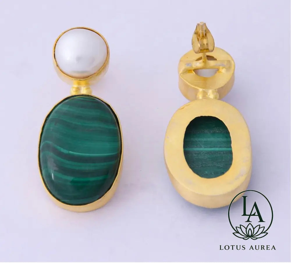 Handmade Pearl & Malachite Dangle Earrings - Earrings