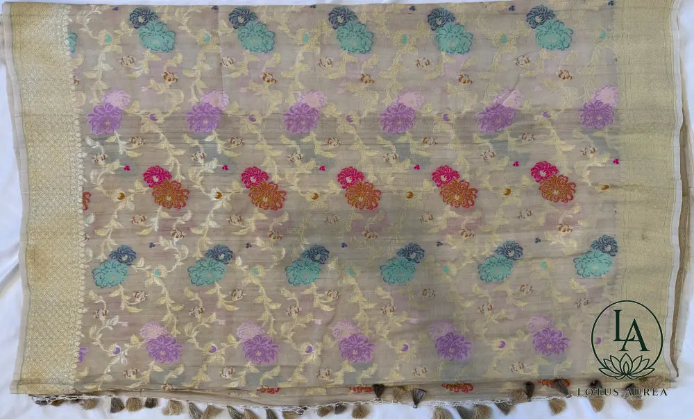 Ivory Gold Banarasi Tussar Georgette with Meenakari work - Banarasi Tussar Silk Saree