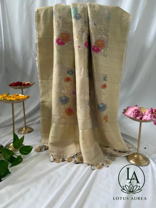 Ivory Gold Banarasi Tussar Georgette with Meenakari work - Banarasi Tussar Silk Saree