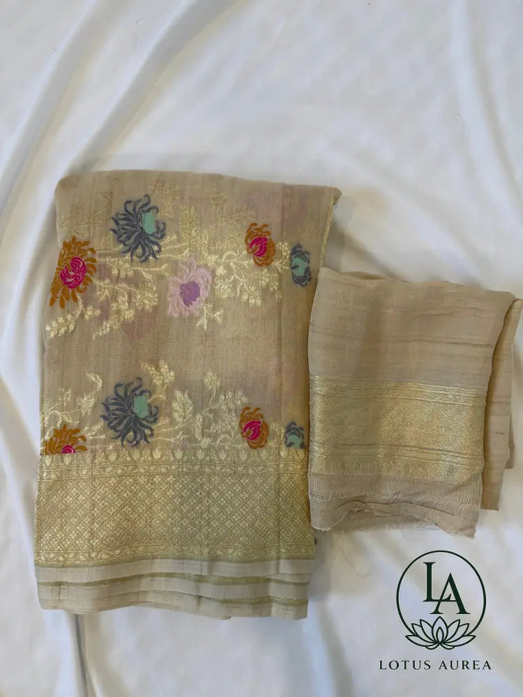 Ivory Gold Banarasi Tussar Georgette with Meenakari work - Banarasi Tussar Silk Saree