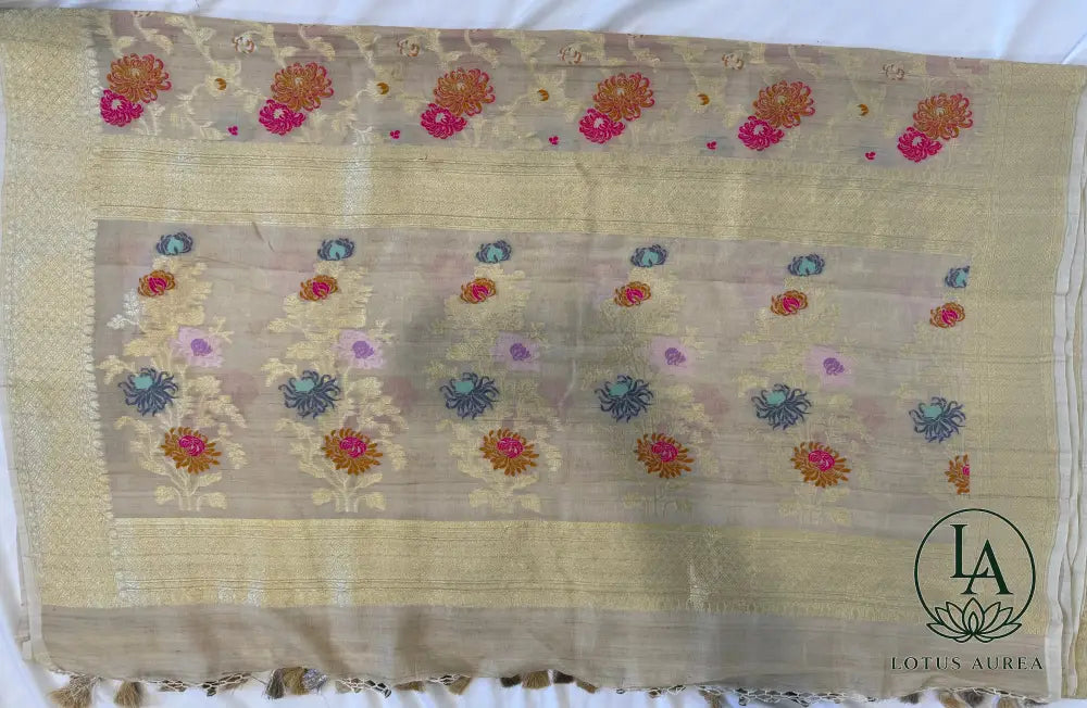 Ivory Gold Banarasi Tussar Georgette with Meenakari work - Banarasi Tussar Silk Saree