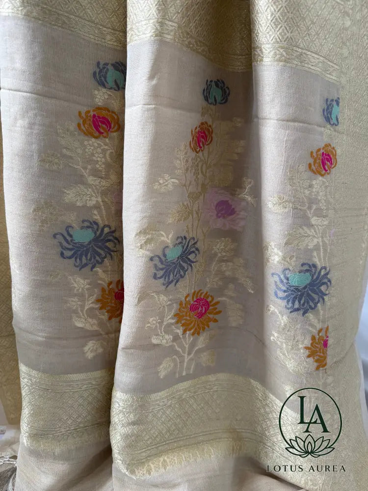 Ivory Gold Banarasi Tussar Georgette with Meenakari work - Banarasi Tussar Silk Saree