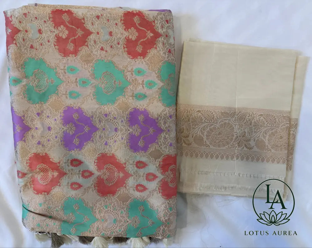 Ivory Gold, Handwoven Banarasi Rangkat Silk Saree with Meenakari Weaving - Banarasi Rankat Saree