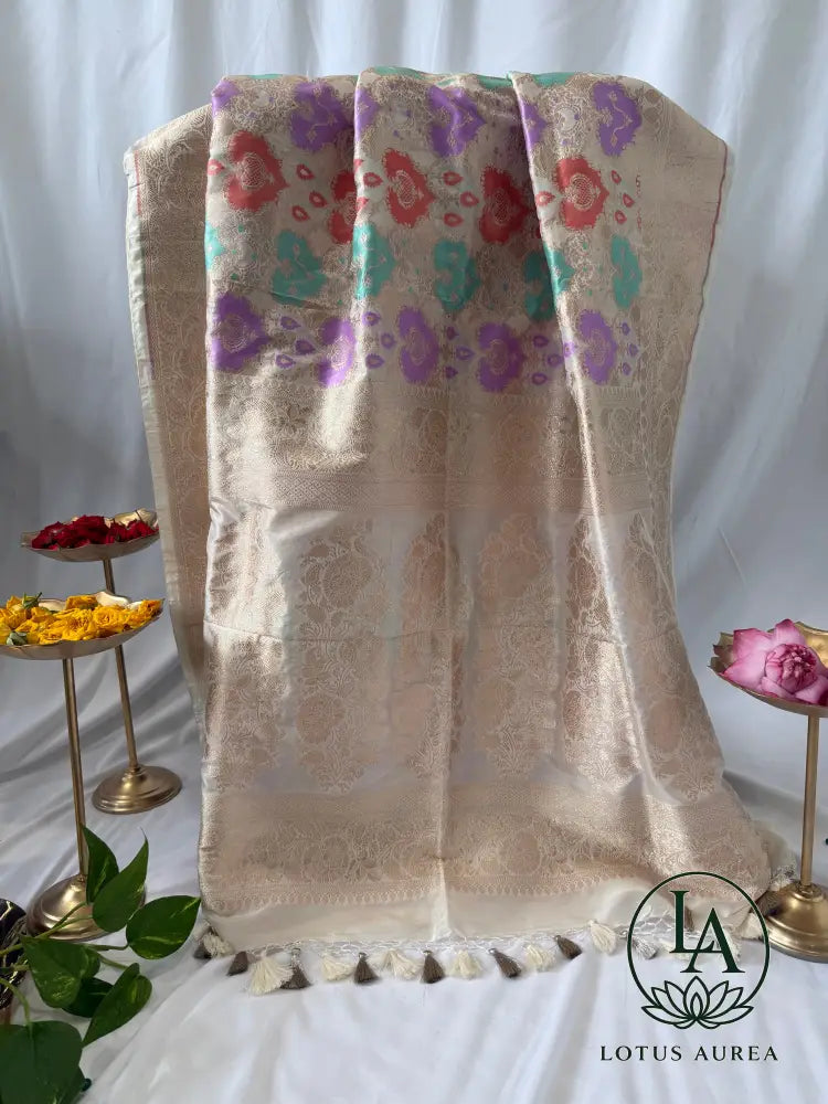 Ivory Gold, Handwoven Banarasi Rangkat Silk Saree with Meenakari Weaving - Banarasi Rankat Saree