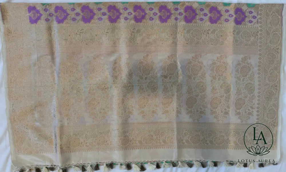 Ivory Gold, Handwoven Banarasi Rangkat Silk Saree with Meenakari Weaving - Banarasi Rankat Saree