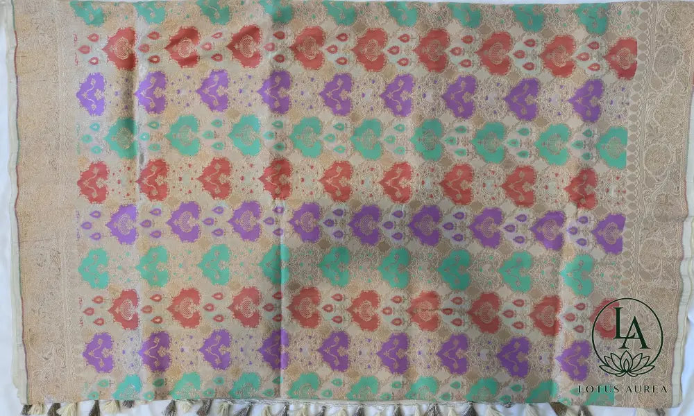 Ivory Gold, Handwoven Banarasi Rangkat Silk Saree with Meenakari Weaving - Banarasi Rankat Saree