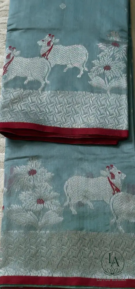 Light blue Chanderi Pattu silk saree with Pichwaii boarder - Chanderi Pattu Sarees