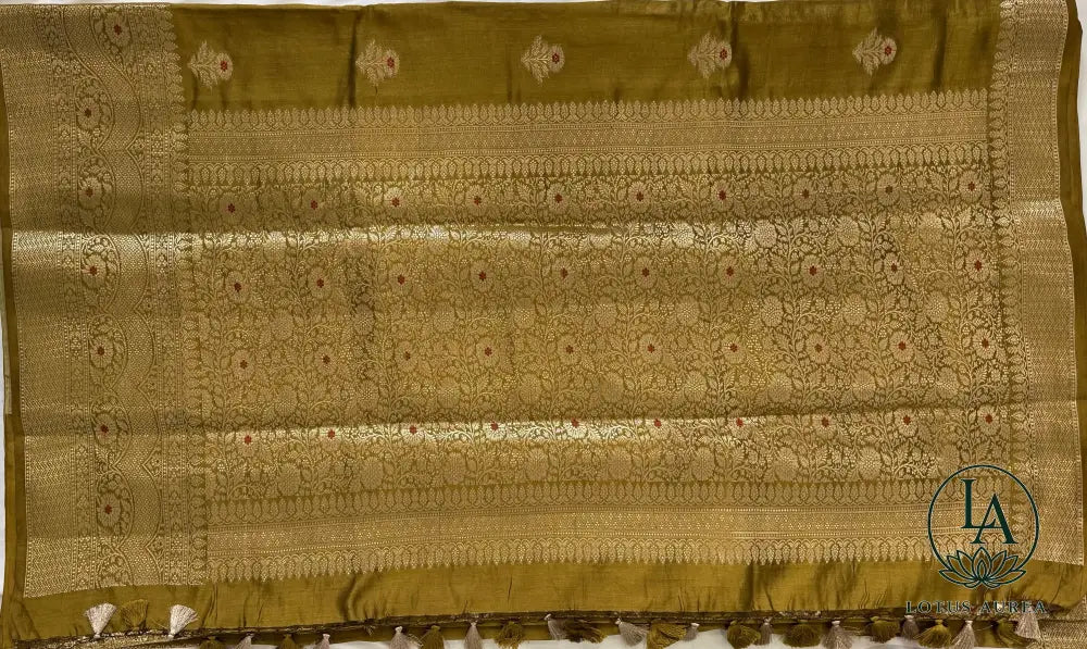 Olive Gold Handwoven Banarasi Moonga Silk Saree - Banarasi Moonga Silk Saree