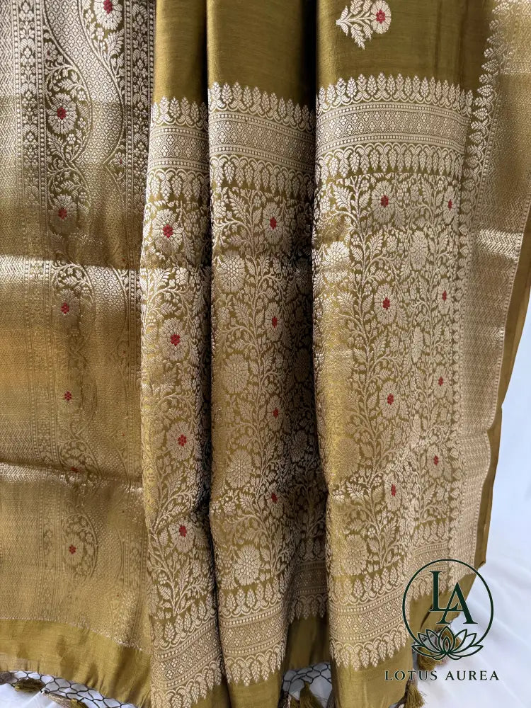 Olive Gold Handwoven Banarasi Moonga Silk Saree - Banarasi Moonga Silk Saree