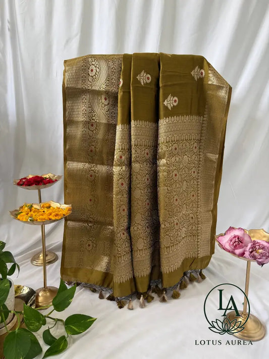 Olive Gold Handwoven Banarasi Moonga Silk Saree - Banarasi Moonga Silk Saree