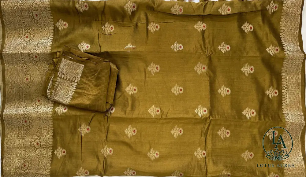 Olive Gold Handwoven Banarasi Moonga Silk Saree - Banarasi Moonga Silk Saree