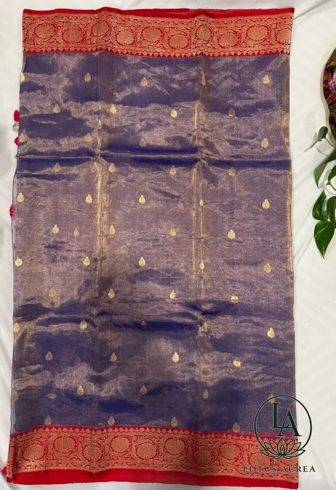 Periwinkle Blue with Crimson Red Border Handwoven Banarasi Tissue Silk Saree with Rich Zari Border and Grand Pallu