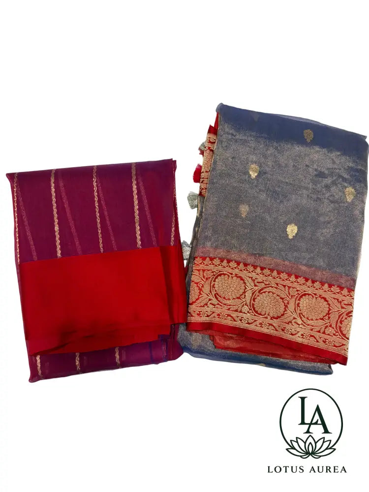 Periwinkle Blue with Crimson Red Border Handwoven Banarasi Tissue Silk Saree with Rich Zari Border and Grand Pallu