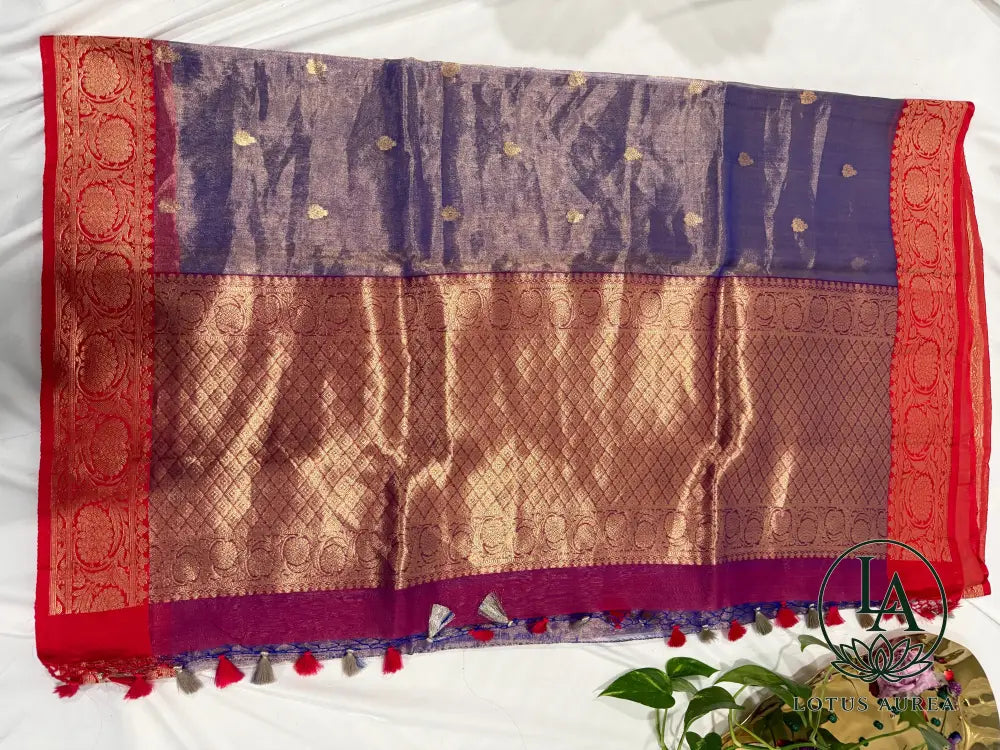 Periwinkle Blue with Crimson Red Border Handwoven Banarasi Tissue Silk Saree with Rich Zari Border and Grand Pallu