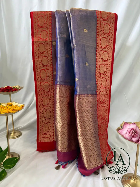 Periwinkle Blue with Crimson Red Border Handwoven Banarasi Tissue Silk Saree with Rich Zari Border and Grand Pallu