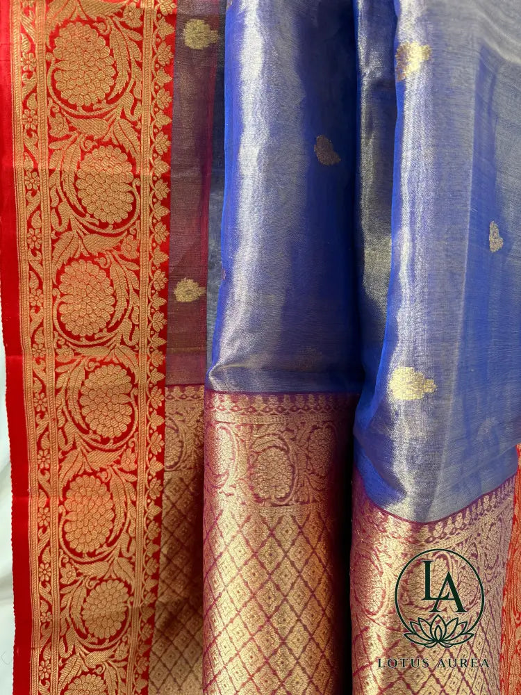 Periwinkle Blue with Crimson Red Border Handwoven Banarasi Tissue Silk Saree with Rich Zari Border and Grand Pallu
