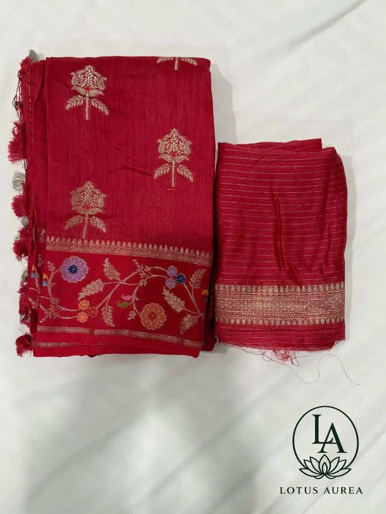 Raspberry Red Handwoven Banarasi Moonga Silk Saree with Zari and Meenakari Work - Banarasi Moonga Silk Saree