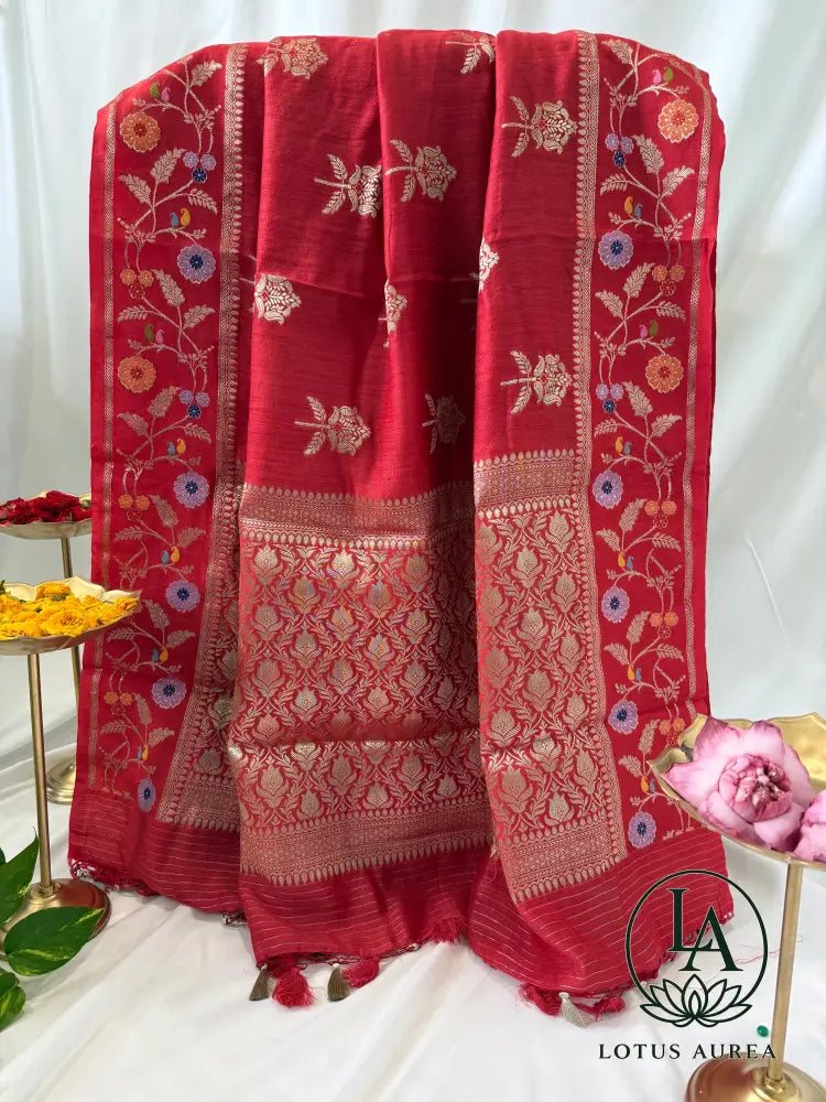 Raspberry Red Handwoven Banarasi Moonga Silk Saree with Zari and Meenakari Work - Banarasi Moonga Silk Saree