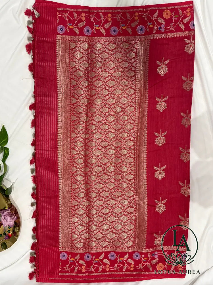 Raspberry Red Handwoven Banarasi Moonga Silk Saree with Zari and Meenakari Work - Banarasi Moonga Silk Saree
