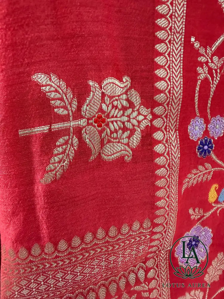 Raspberry Red Handwoven Banarasi Moonga Silk Saree with Zari and Meenakari Work - Banarasi Moonga Silk Saree