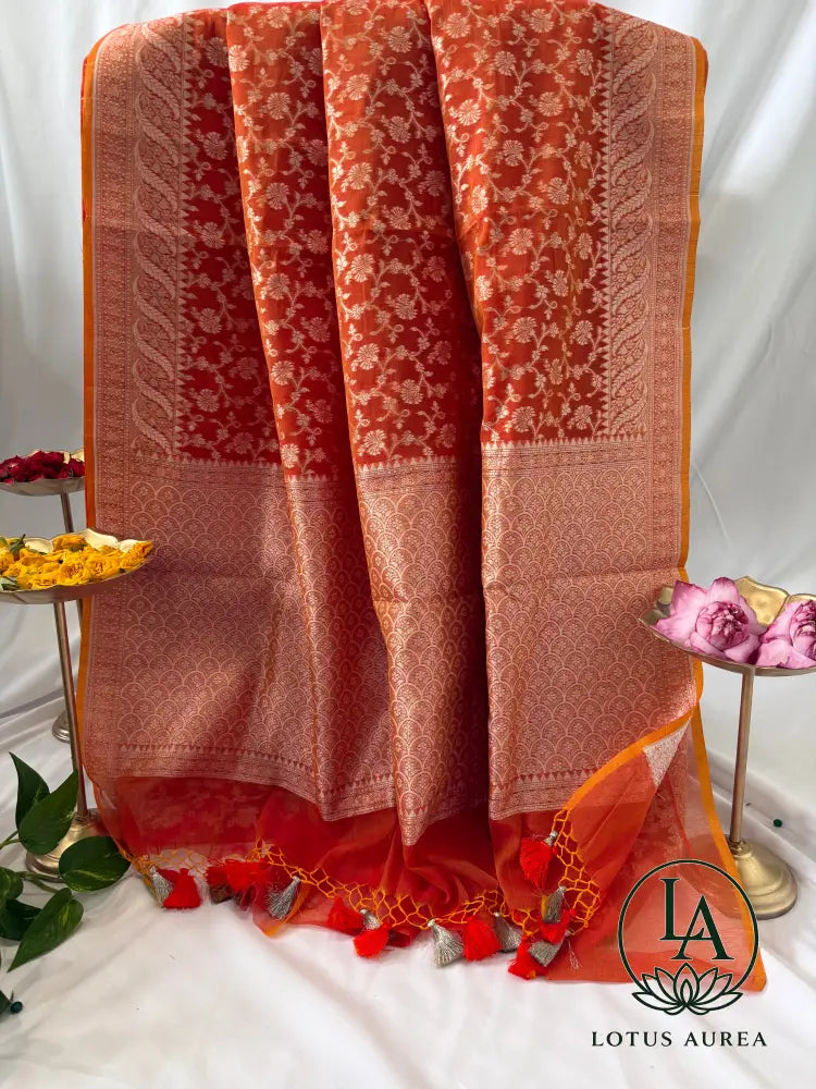 Red and Sunset Orange Handwoven Banarasi Cotton Jamdani Saree - Jamdani Saree