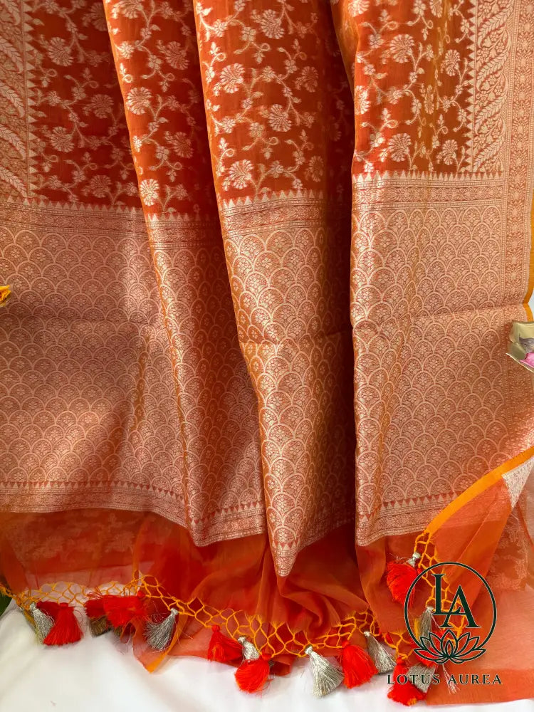 Red and Sunset Orange Handwoven Banarasi Cotton Jamdani Saree - Jamdani Saree