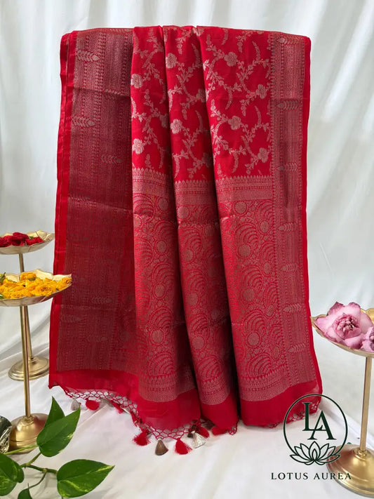 Red Handwoven Banarasi Kota Silk Saree - Banarasi Kota Saree