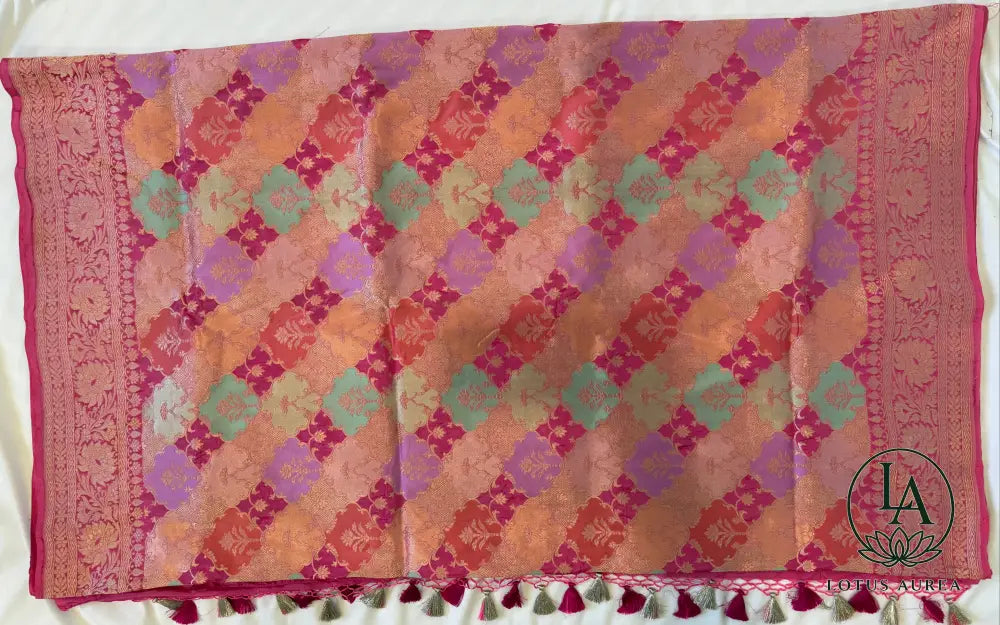 Rose Pink, Handwoven Banarasi Rangkat Silk Saree with Meenakari Weaving - Banarasi Rankat Saree