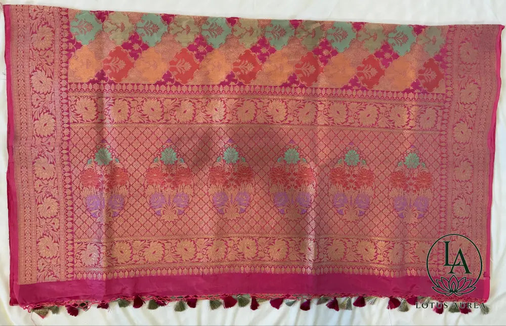 Rose Pink, Handwoven Banarasi Rangkat Silk Saree with Meenakari Weaving - Banarasi Rankat Saree