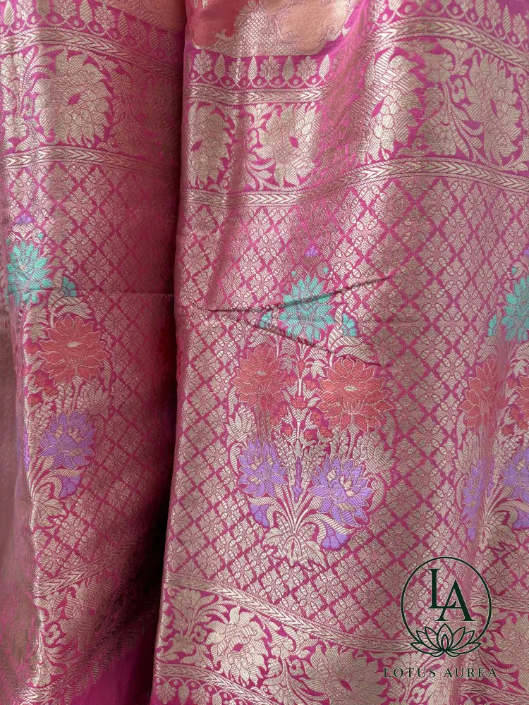 Rose Pink, Handwoven Banarasi Rangkat Silk Saree with Meenakari Weaving - Banarasi Rankat Saree