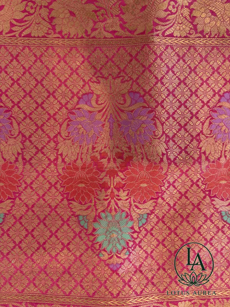 Rose Pink, Handwoven Banarasi Rangkat Silk Saree with Meenakari Weaving - Banarasi Rankat Saree