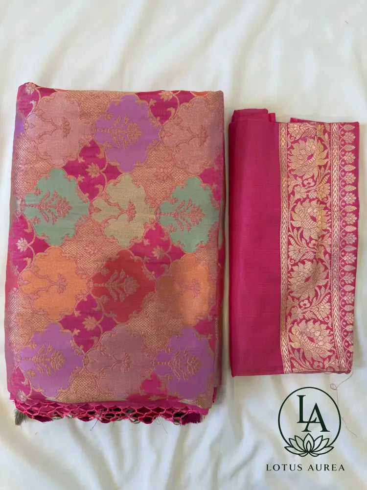 Rose Pink, Handwoven Banarasi Rangkat Silk Saree with Meenakari Weaving - Banarasi Rankat Saree