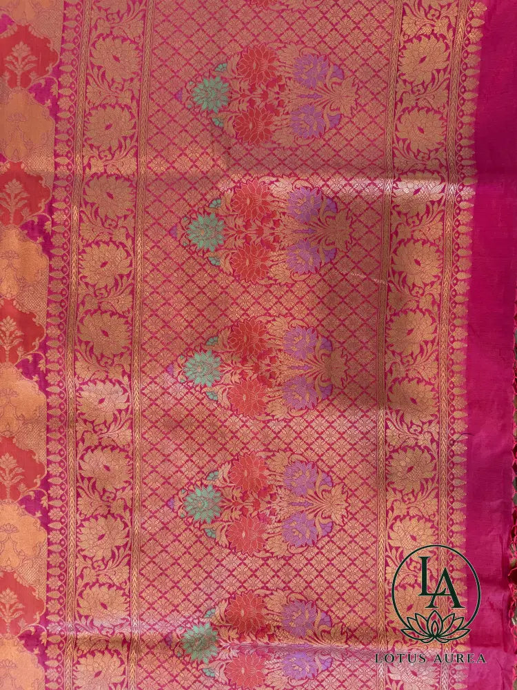 Rose Pink, Handwoven Banarasi Rangkat Silk Saree with Meenakari Weaving - Banarasi Rankat Saree
