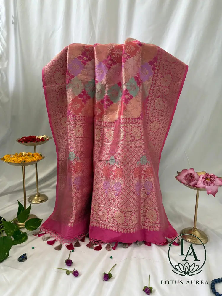 Rose Pink, Handwoven Banarasi Rangkat Silk Saree with Meenakari Weaving - Banarasi Rankat Saree