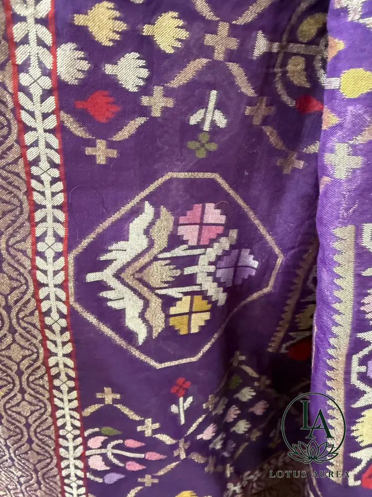 Royal Amethyst Handwoven Banarasi Jamdani Fine Cotton Saree - Jamdani Saree