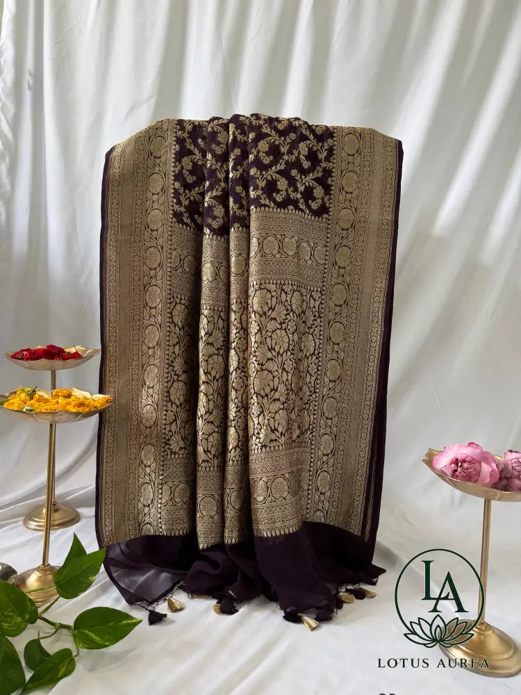 Royal Purple – Handwoven Pure Banarasi Khaddi Georgette Saree with Grand Floral Jaal Pallu - Banarasi Khaddi Georgette