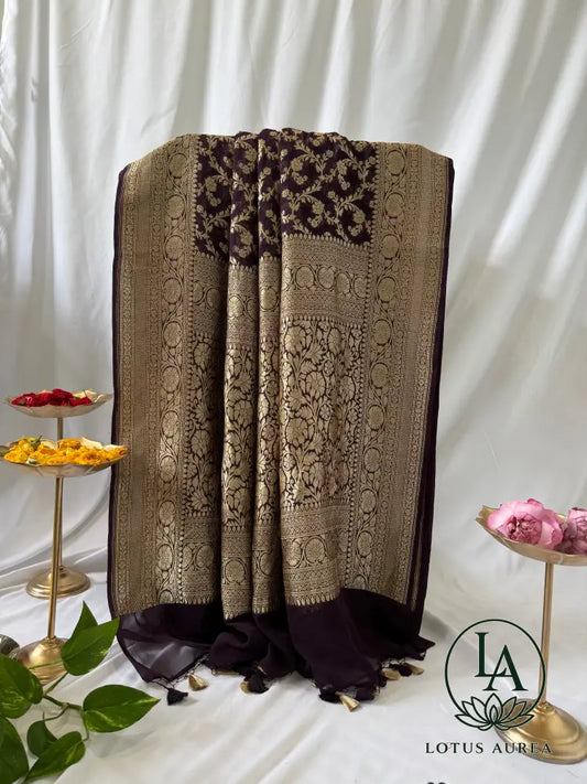Royal Purple – Handwoven Pure Banarasi Khaddi Georgette Saree with Grand Floral Jaal Pallu - Banarasi Khaddi Georgette