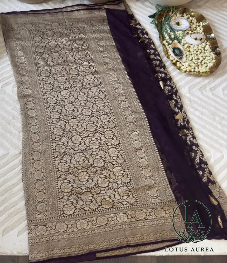 Royal Purple – Handwoven Pure Banarasi Khaddi Georgette Saree with Grand Floral Jaal Pallu - Banarasi Khaddi Georgette