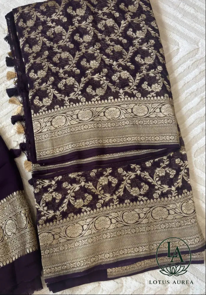 Royal Purple – Handwoven Pure Banarasi Khaddi Georgette Saree with Grand Floral Jaal Pallu - Banarasi Khaddi Georgette