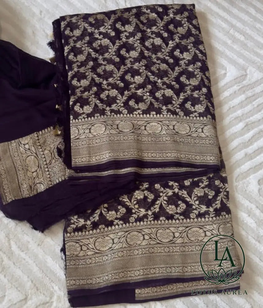 Royal Purple – Handwoven Pure Banarasi Khaddi Georgette Saree with Grand Floral Jaal Pallu - Banarasi Khaddi Georgette