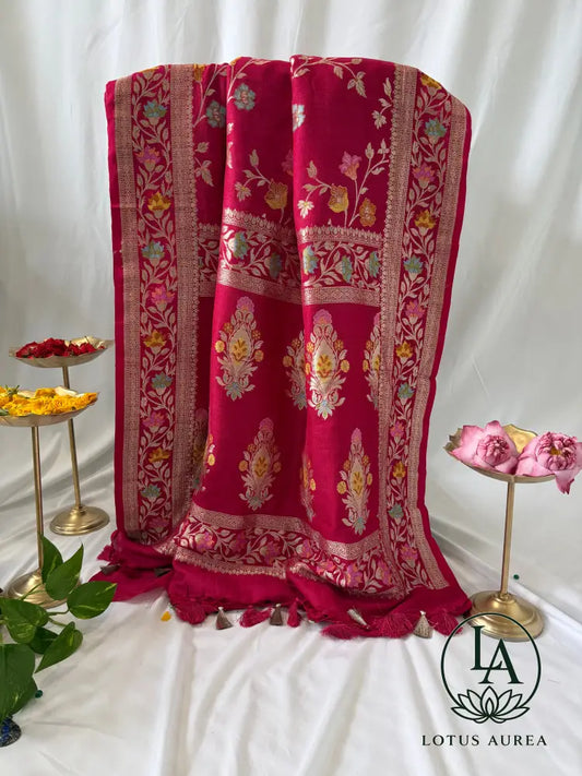 Royal Vermilion Handwoven Banarasi Tussar Georgette Meenakari Saree - Banarasi Tussar Silk Saree