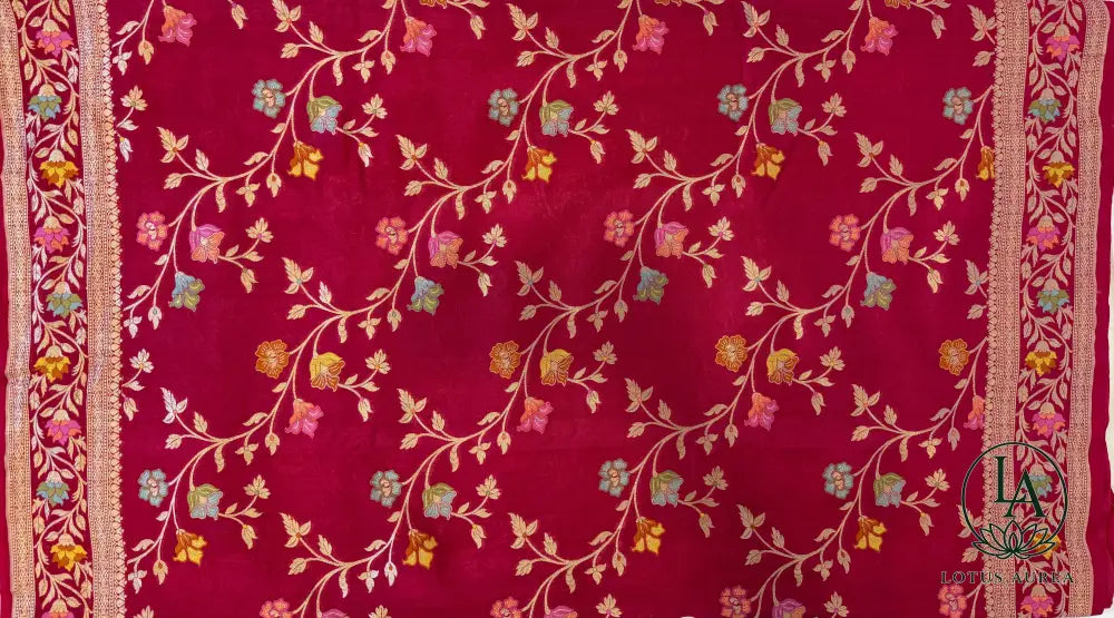 Royal Vermilion Handwoven Banarasi Tussar Georgette Meenakari Saree - Banarasi Tussar Silk Saree
