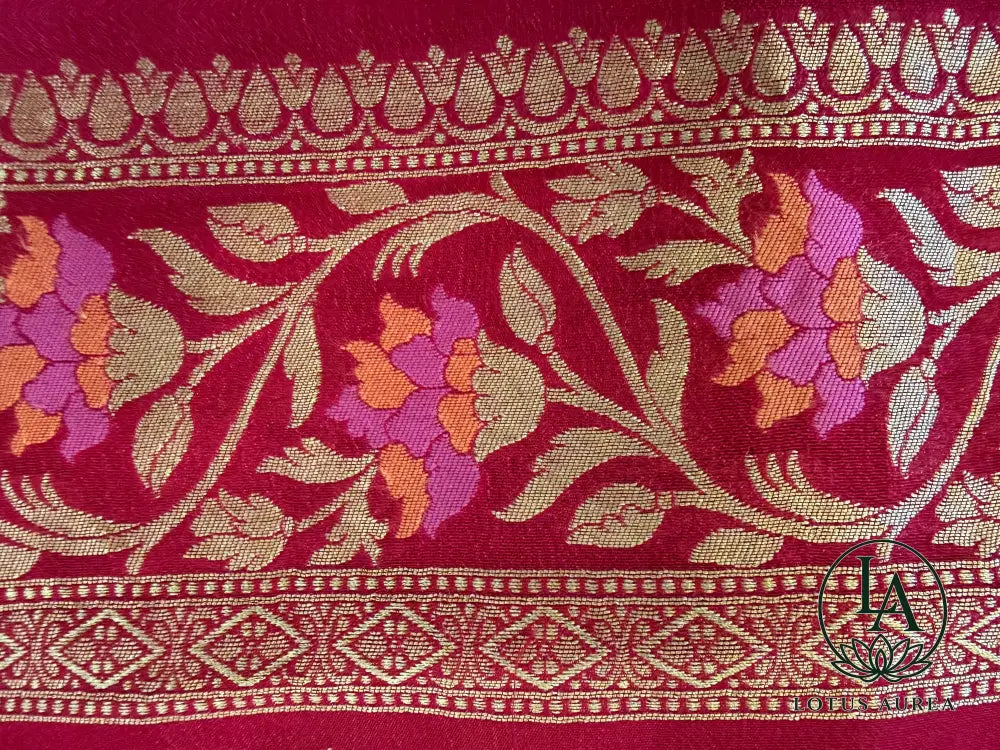 Royal Vermilion Handwoven Banarasi Tussar Georgette Meenakari Saree - Banarasi Tussar Silk Saree