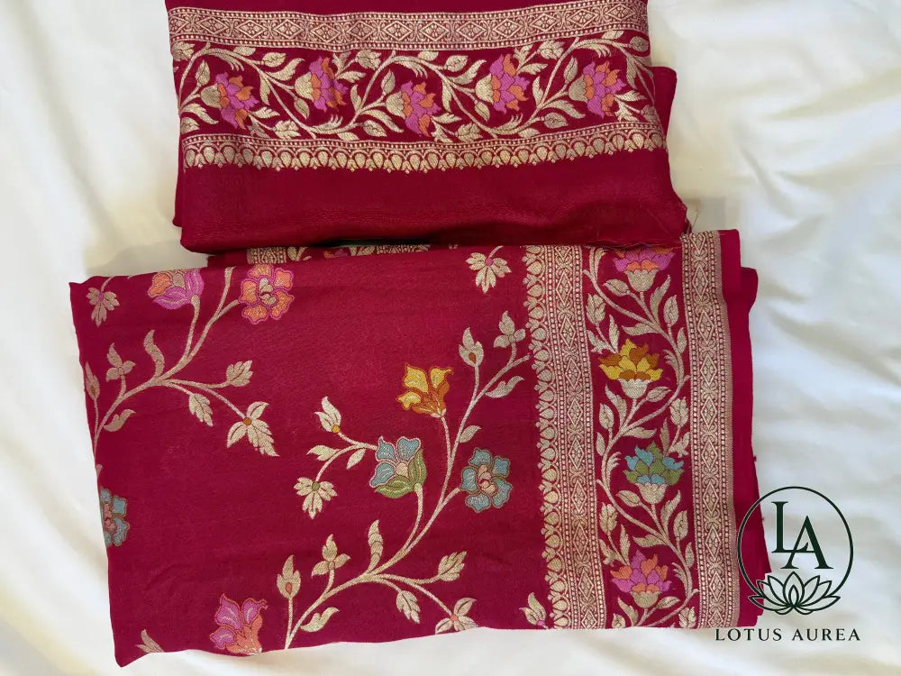 Royal Vermilion Handwoven Banarasi Tussar Georgette Meenakari Saree - Banarasi Tussar Silk Saree