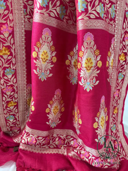 Royal Vermilion Handwoven Banarasi Tussar Georgette Meenakari Saree - Banarasi Tussar Silk Saree