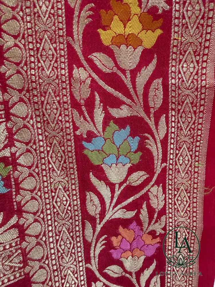 Royal Vermilion Handwoven Banarasi Tussar Georgette Meenakari Saree - Banarasi Tussar Silk Saree