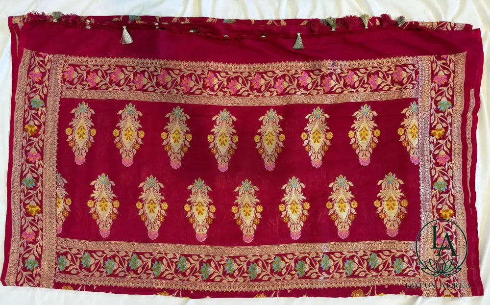 Royal Vermilion Handwoven Banarasi Tussar Georgette Meenakari Saree - Banarasi Tussar Silk Saree