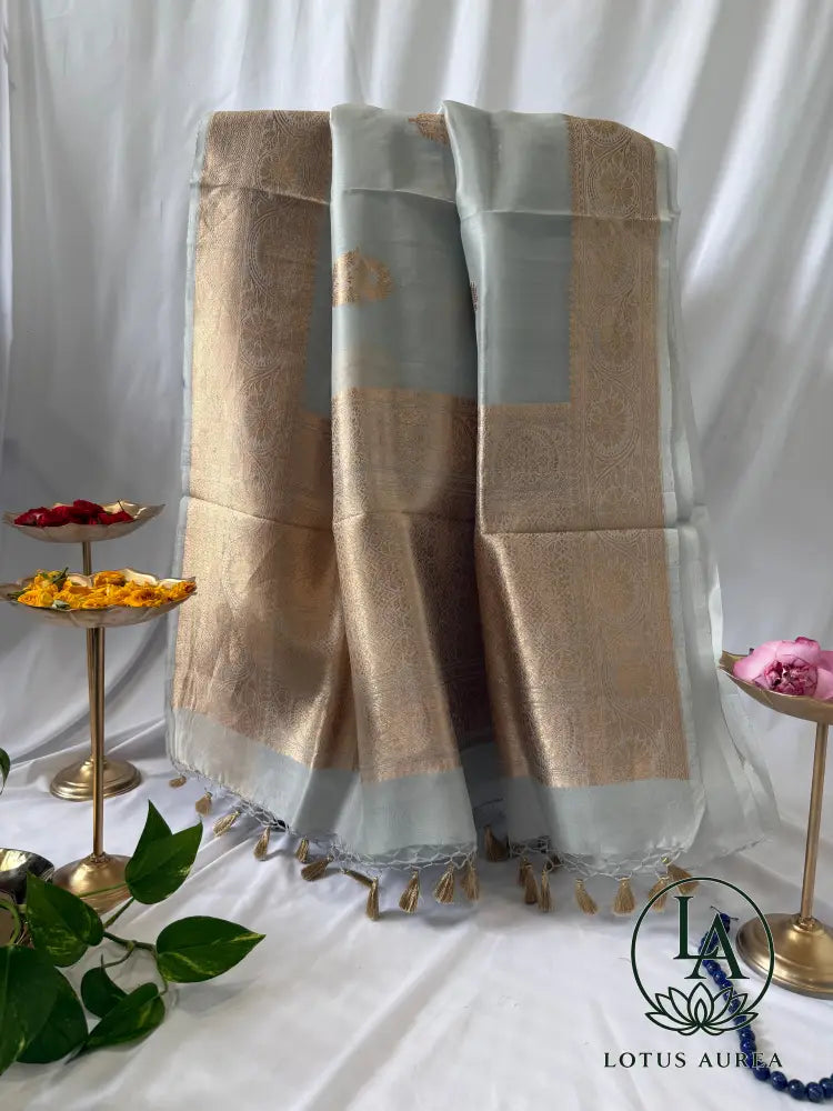 Silver Grey Handwoven Pure Banarasi Kora Silk Saree with Gold Zari Motifs & Grand Pallu - Banarasi Organza Saree